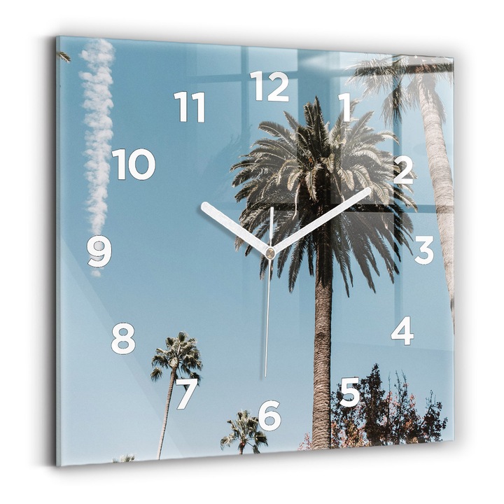 Falióra, Wallfluent, üveg, Fehér mutatók, számok, Palms in Los Angeles, Zöld, Négyzetek 30x30 cm, 010010500010100273738