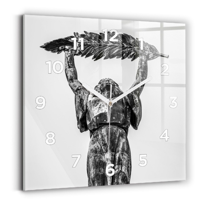 Falióra, Wallfluent, üveg, Fehér kezek, számok, Szabadság-szobor Budapesten, Szürke, Négyzetek 30x30 cm, 010010500010100273659