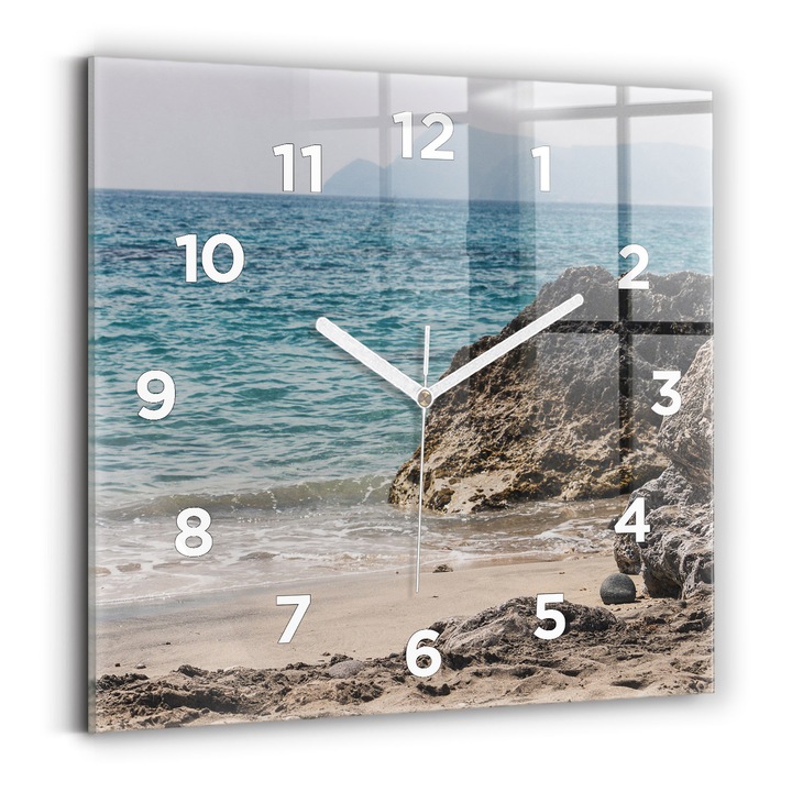 Falióra, Wallfluent, üveg, Fehér mutatók, számok, Kilátás a Földközi-tengerre, Kék, Négyzetek 30x30 cm, 010010500010100273772