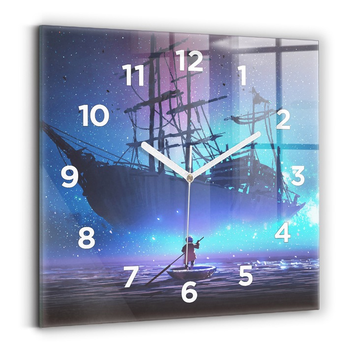 Falióra, Wallfluent, üveg, Fehér mutatók, számok, Fantasy vitorlás hajó, Kék, Négyzetek 30x30 cm, 010010500010100272116