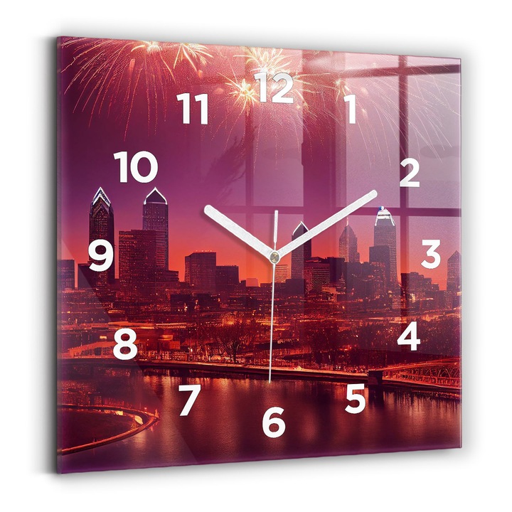 Falióra, Wallfluent, üveg, Fehér mutatók, számok, Város éjjel Philadelphiában, Piros, Négyzetek 30x30 cm, 010010500010100273293