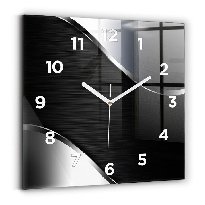 Falióra, Wallfluent, üveg, Fehér mutatók, számok, Fekete és ezüst vonalak, Fekete, Négyzetek 30x30 cm, 010010500010100273456