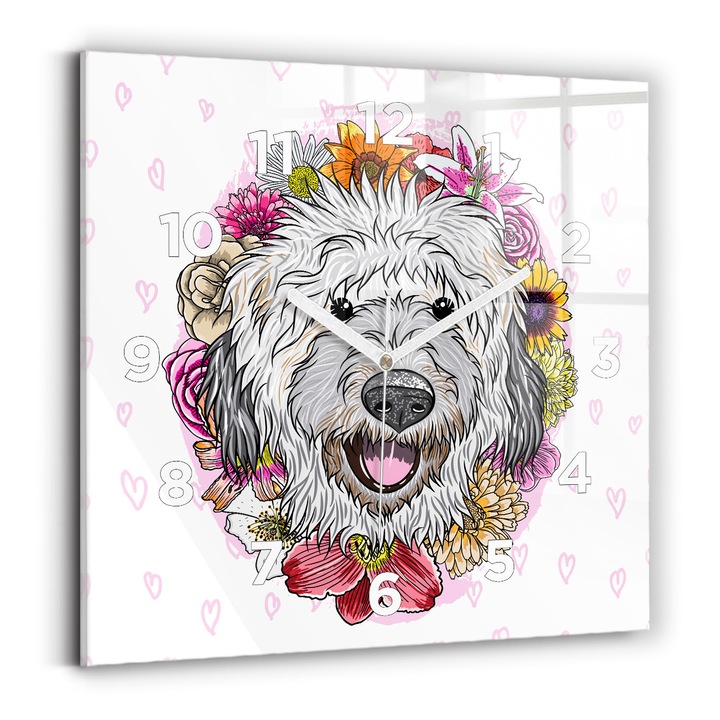 Falióra, Wallfluent, üveg, Fehér mutatók, számok, Boldog kutya virágban, Többszínű, Négyzetek 30x30 cm, 010010500010100272037