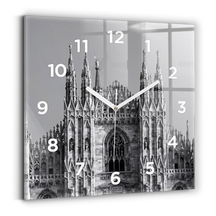 Falióra, Wallfluent, üveg, fehér mutatók, számok, Cathedral Duomo di Milano, fekete, négyzetek 30x30 cm, 010010500010100273719