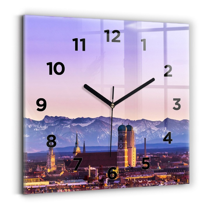 Ceas de perete, Wallfluent, de sticla, Mainile negre, cifrele, Violet, Patrate 30x30 cm, 010010500010200270021