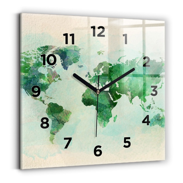 Ceas de perete, Wallfluent, de sticla, Mainile negre, cifrele, Verde, Patrate 30x30 cm, 010010500010200269067
