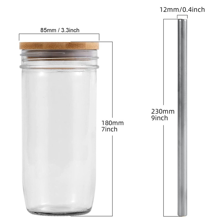 Üvegpohár bambusz tetővel és szívószállal, 700 ml