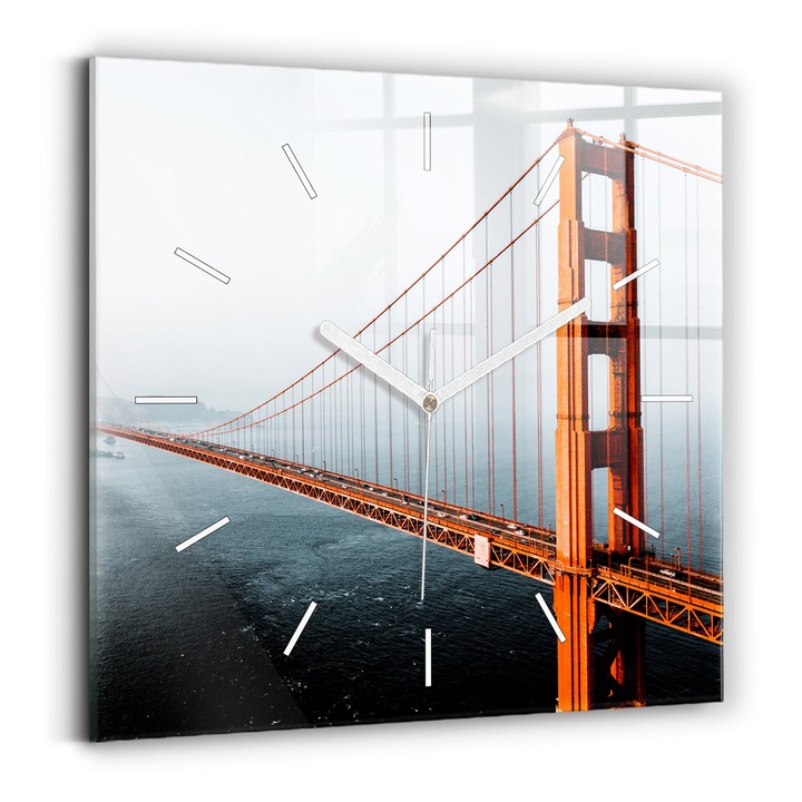 Falióra, Wallfluent, üveg, Fehér mutatók, Számok nélkül, Golden Gate Bridge, Arany, Négyzetek 30x30 cm, 010010500010100270718