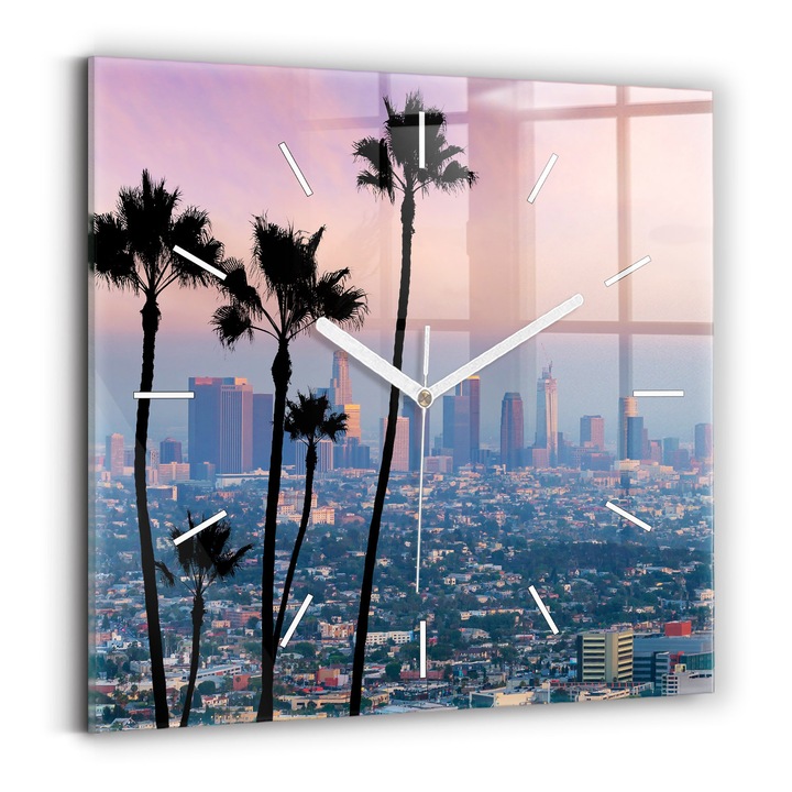 Falióra, Wallfluent, üveg, Fehér mutatók, Nincsenek számok, Sunset Los Angeles, Fekete, Négyzetek 30x30 cm, 010010500010100270652