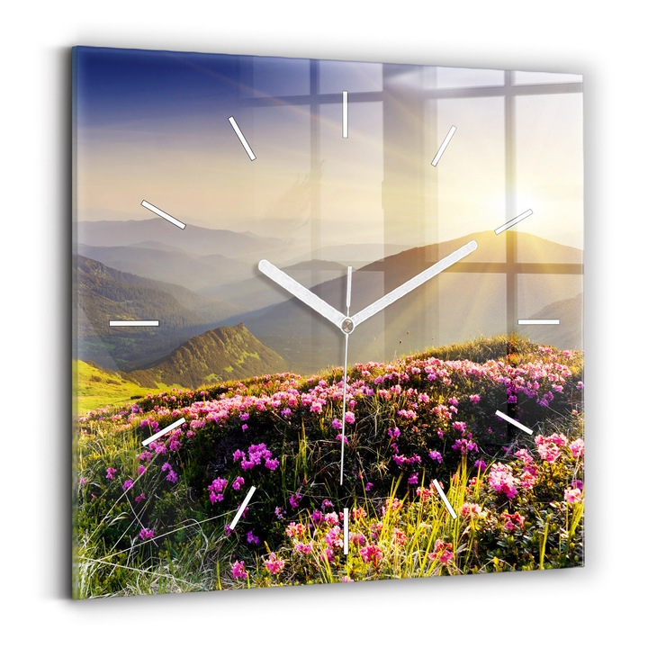 Falióra, Wallfluent, üveg, Fehér mutatók, Számok nélkül, Hegyi táj, Rózsaszín, Négyzetek 30x30 cm, 010010500010100271237