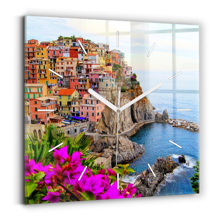 Falióra, Wallfluent, üveg, Fehér mutatók, Számok nélkül, Cinque Terre Coast, Kék, Négyzetek 30x30 cm, 010010500010100155801