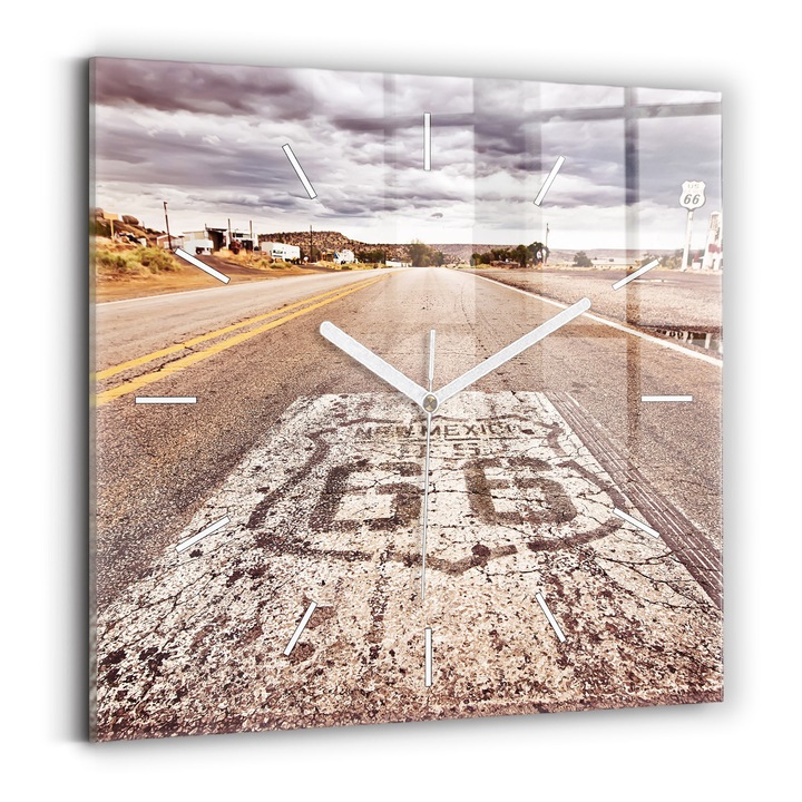 Falióra, Wallfluent, üveg, Fehér mutatók, Nincsenek számok, Route route 66 USA, Barna, Négyzetek 30x30 cm, 010010500010100271317