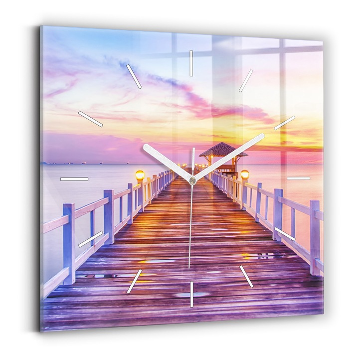 Falióra, Wallfluent, üveg, Fehér mutatók, Számok nélkül, Híd az esti kikötőben, Rózsaszín, Négyzetek 30x30 cm, 010010500010100158879