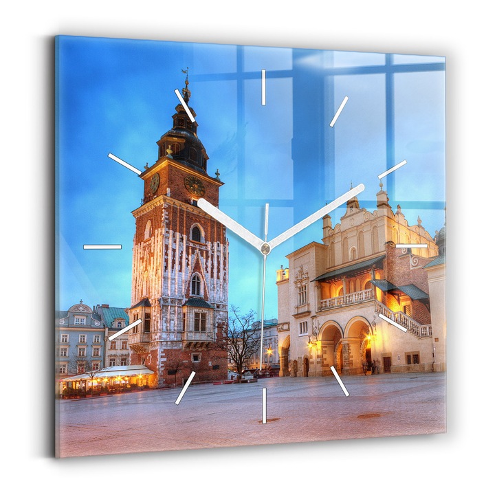 Falióra, Wallfluent, üveg, Fehér mutatók, Számok nélkül, Krakkó Főtere, Sárga, Négyzetek 30x30 cm, 010010500010100271643