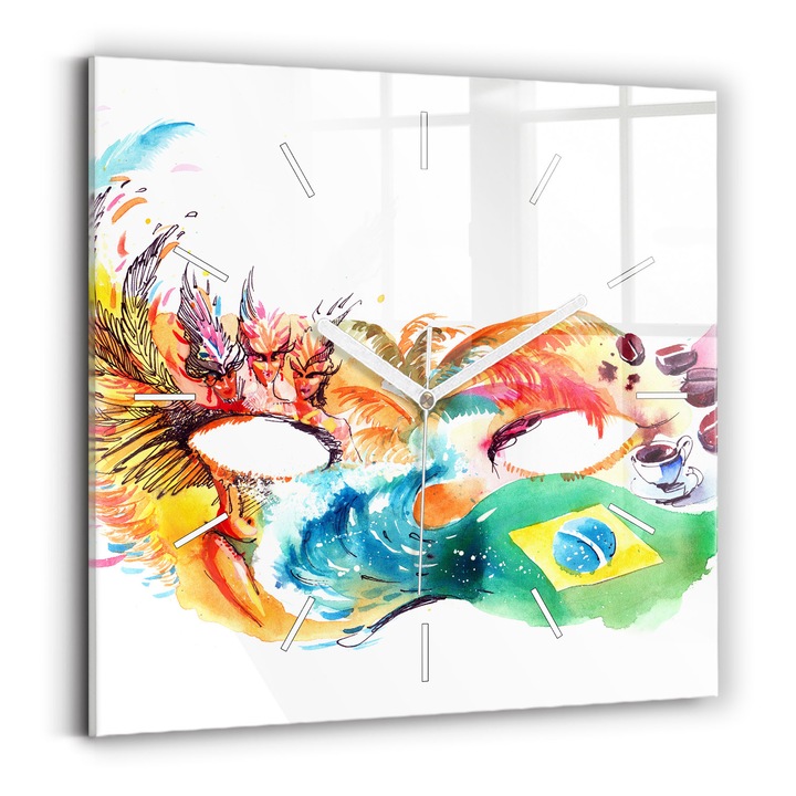 Falióra, Wallfluent, üveg, Fehér mutatók, Nincsenek számok, Kultúra - Brazil zászló, Zöld, Négyzetek 30x30 cm, 010010500010100271636