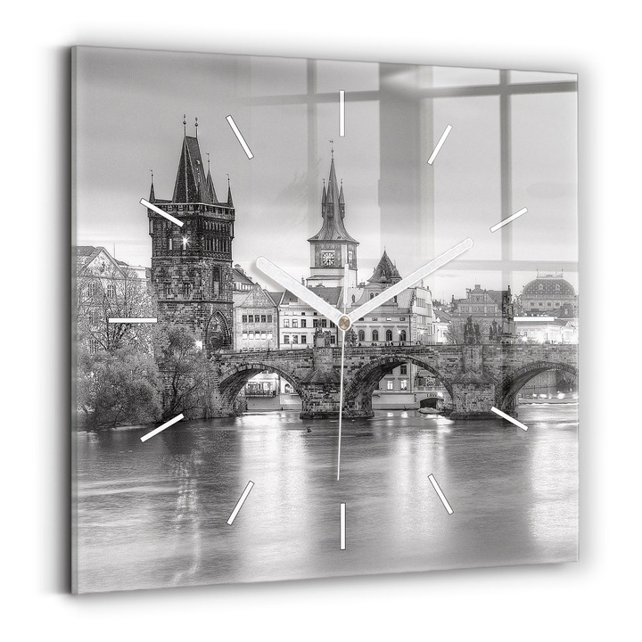 Falióra, Wallfluent, üveg, Fehér mutatók, Számok nélkül, Károly híd Prágában, Szürke, Négyzetek 30x30 cm, 010010500010100271685