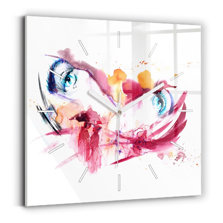 Ceas de perete, Wallfluent, de sticla, Mainile albe, Fara cifre, Cuplu romantic, Roz, Patrate 30x30 cm, 010010500010100271715