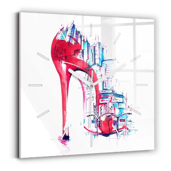 Falióra, Wallfluent, üveg, Fehér mutatók, Számok nélkül, Piros sarok, Piros, Négyzetek 30x30 cm, 010010500010100271720