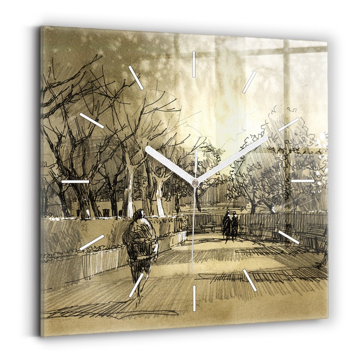 Falióra, Wallfluent, üveg, Fehér mutatók, Nincsenek számok, Parkok és fák szépia színben, Sárga, Négyzetek 30x30 cm, 010010500010100271797