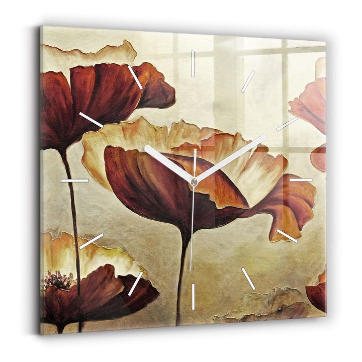 Falióra, Wallfluent, üveg, Fehér mutatók, Számok nélkül, Festett mák, Piros, Négyzetek 30x30 cm, 010010500010100271798