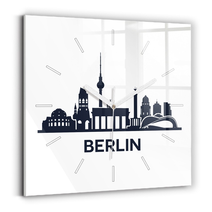 Ceas de perete, Wallfluent, de sticla, Mainile albe, Fara cifre, Ilustratie a orasului Berlin, Negru, Patrate 30x30 cm, 010010500010100270401