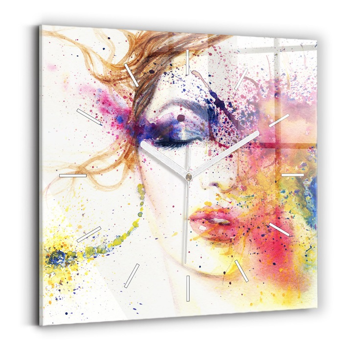 Falióra, Wallfluent, üveg, Fehér mutatók, Nincsenek számok, Egy titokzatos nő portréja, Többszínű, Négyzetek 30x30 cm, 010010500010100270491