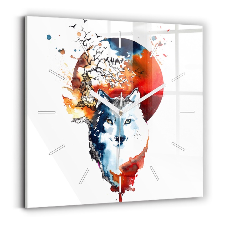 Falióra, Wallfluent, üveg, Fehér mutatók, Nincs szám, Farkas és teltség, Narancs, Négyzetek 30x30 cm, 010010500010100270510