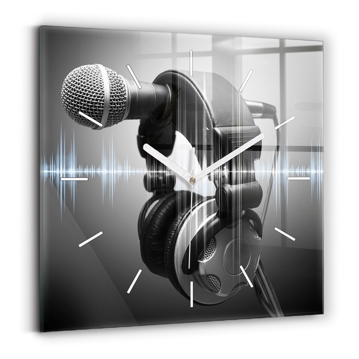 Falióra, Wallfluent, üveg, Fehér mutatók, Számok nélkül, Mikrofon és fejhallgató, Fekete, Négyzetek 30x30 cm, 010010500010100270557