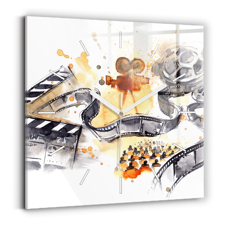 Ceas de perete, Wallfluent, de sticla, Mainile albe, Fara cifre, Cinematografie pentru camera, Negru, Patrate 30x30 cm, 010010500010100271583