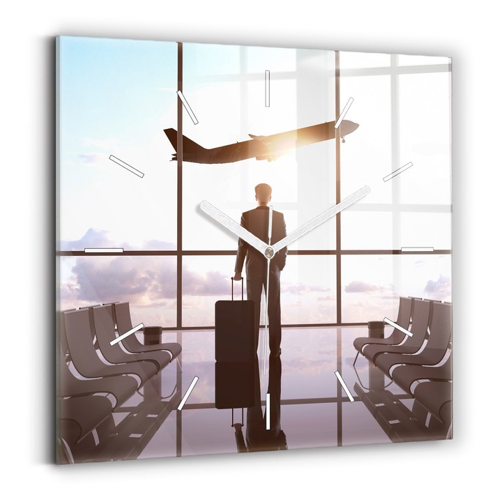 Falióra, Wallfluent, üveg, Fehér mutatók, Nincsenek számok, Férfi a repülőtéren, Kék, Négyzetek 30x30 cm, 010010500010100270560