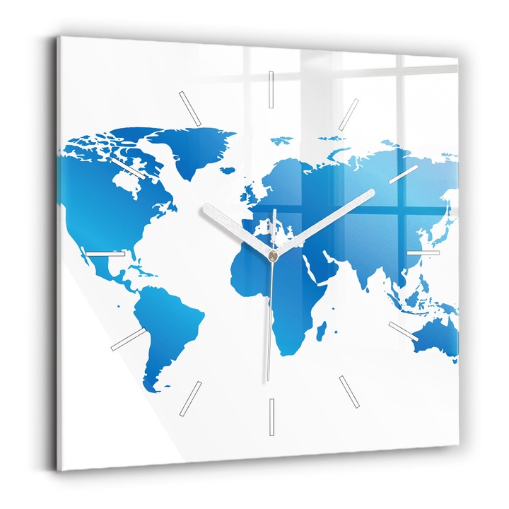 Falióra, Wallfluent, üveg, Fehér mutatók, Nincsenek számok, világtérkép, kék, négyzetek 30x30 cm, 010010500010100271750