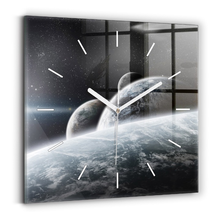 Falióra, Wallfluent, üveg, Fehér mutatók, Nincsenek számok, Tér és bolygók, Fekete, Négyzetek 30x30 cm, 010010500010100271366