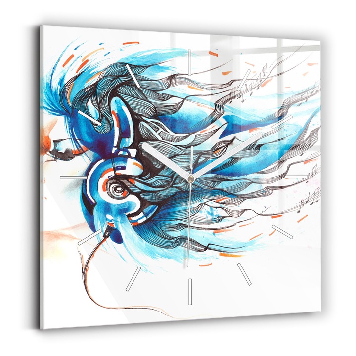 Falióra, Wallfluent, üveg, Fehér mutatók, Nincs szám, Fejhallgató-illusztráció, Kék, Négyzetek 30x30 cm, 010010500010100271618