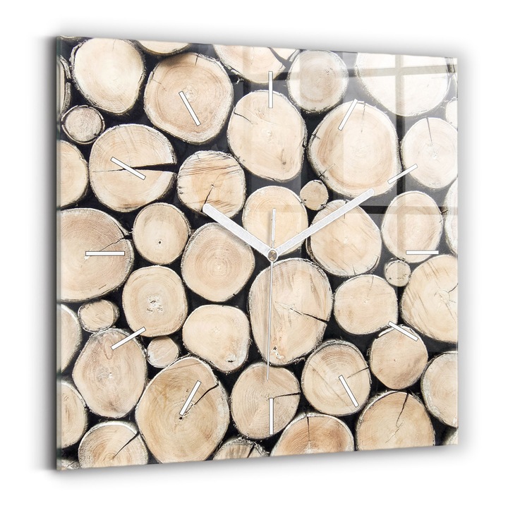 Falióra, Wallfluent, üveg, Fehér mutatók, Számok nélkül, Csonka fatuskók, Barna, Négyzetek 30x30 cm, 010010500010100271752