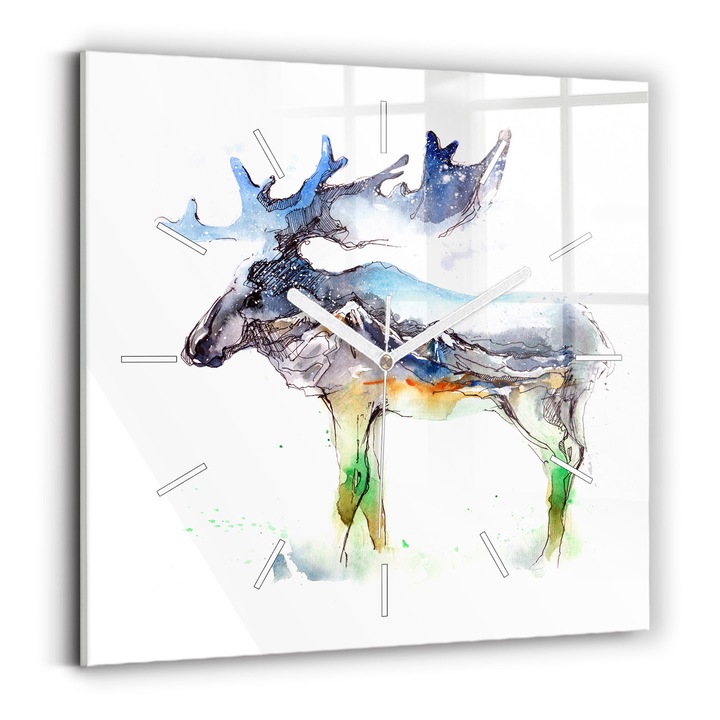 Falióra, Wallfluent, üveg, Fehér mutatók, Nincsenek számok, Łoś és a hegyi táj, Kék, Négyzetek 30x30 cm, 010010500010100271641