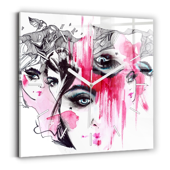 Falióra, Wallfluent, üveg, Fehér mutatók, Nincsenek számok, Sok absztrakt arc, Fekete, Négyzetek 30x30 cm, 010010500010100271790