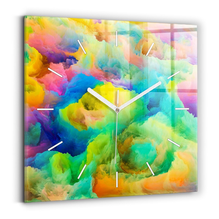 Falióra, Wallfluent, üveg, Fehér mutatók, Számok nélkül, Fraktál textúra, Többszínű, Négyzetek 30x30 cm, 010010500010100270737