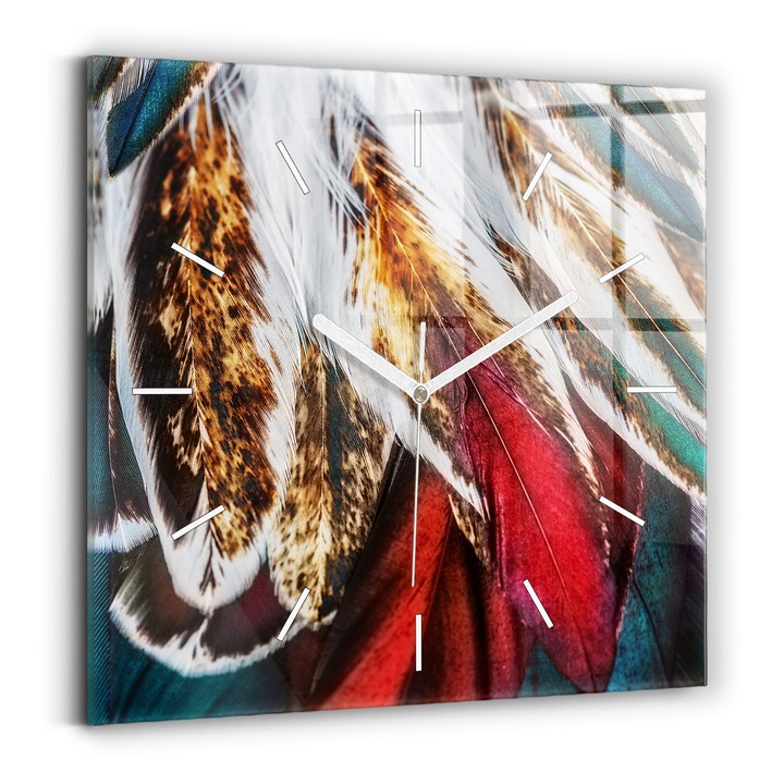 Falióra, Wallfluent, üveg, Fehér mutatók, Számok nélkül, Világosbarna madártoll, Többszínű, Négyzetek 30x30 cm, 010010500010100271783