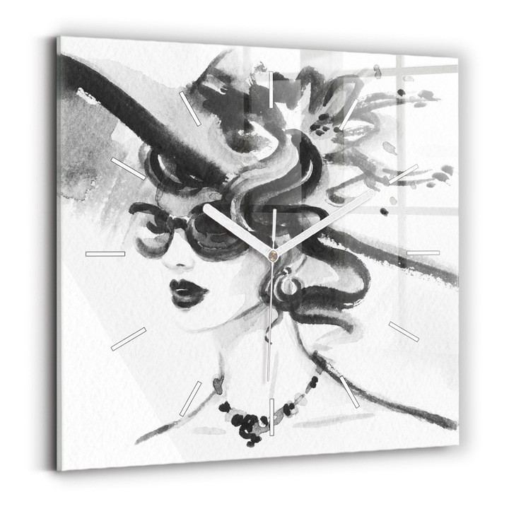 Falióra, Wallfluent, üveg, Fehér mutatók, Nincs szám, Egy divatos nő, Fekete, Négyzetek 30x30 cm, 010010500010100270330