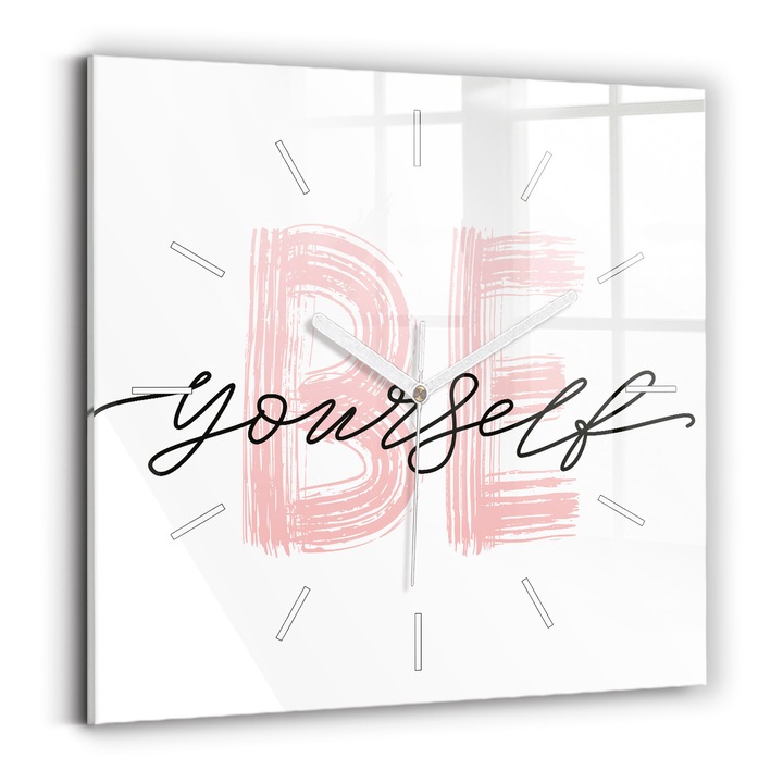 Falióra, Wallfluent, üveg, Fehér mutatók, Nincsenek számok, Felirat légy önmagad, Fehér, Négyzetek 30x30 cm, 010010500010100270804