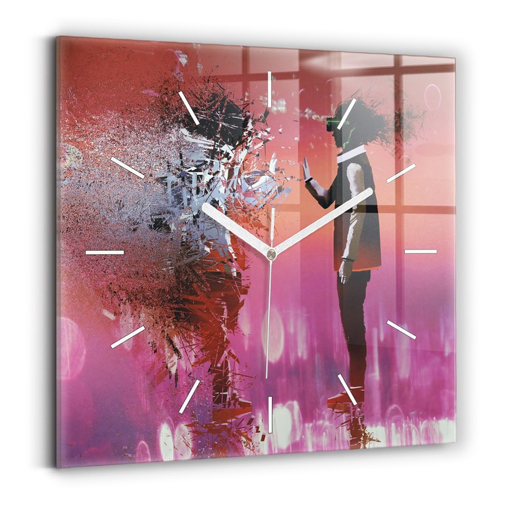 Falióra, Wallfluent, üveg, Fehér mutatók, Számok nélkül, Kibertér, Rózsaszín, Négyzetek 30x30 cm, 010010500010100270512