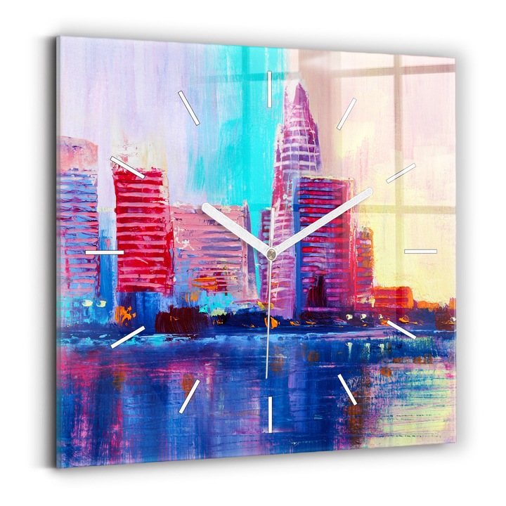 Falióra, Wallfluent, üvegből, Fehér mutatók, Számok nélkül, Absztrakciós karcos felhők, Kék, Négyzetek 30x30 cm, 010010500010100270847