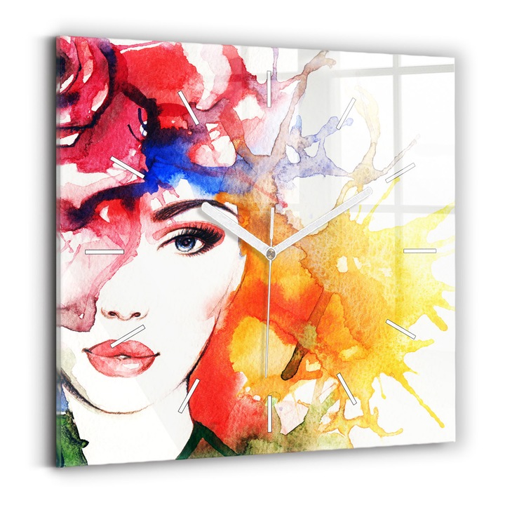 Falióra, Wallfluent, üveg, Fehér mutatók, Nincsenek számok, Színes női portré, Kék, Négyzetek 30x30 cm, 010010500010100270865