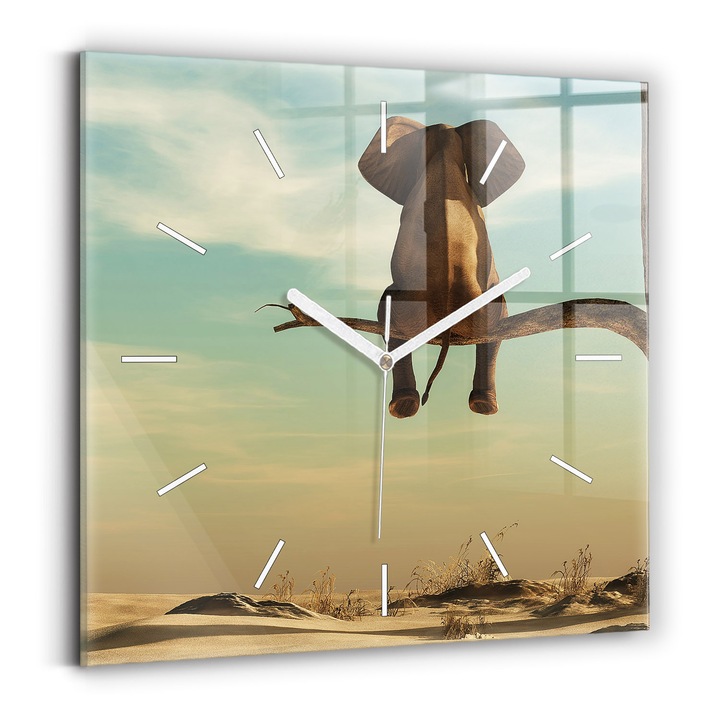 Falióra, Wallfluent, üveg, Fehér mutatók, Számok nélkül, Elefánt a fán, Többszínű, Négyzetek 30x30 cm, 010010500010100270918