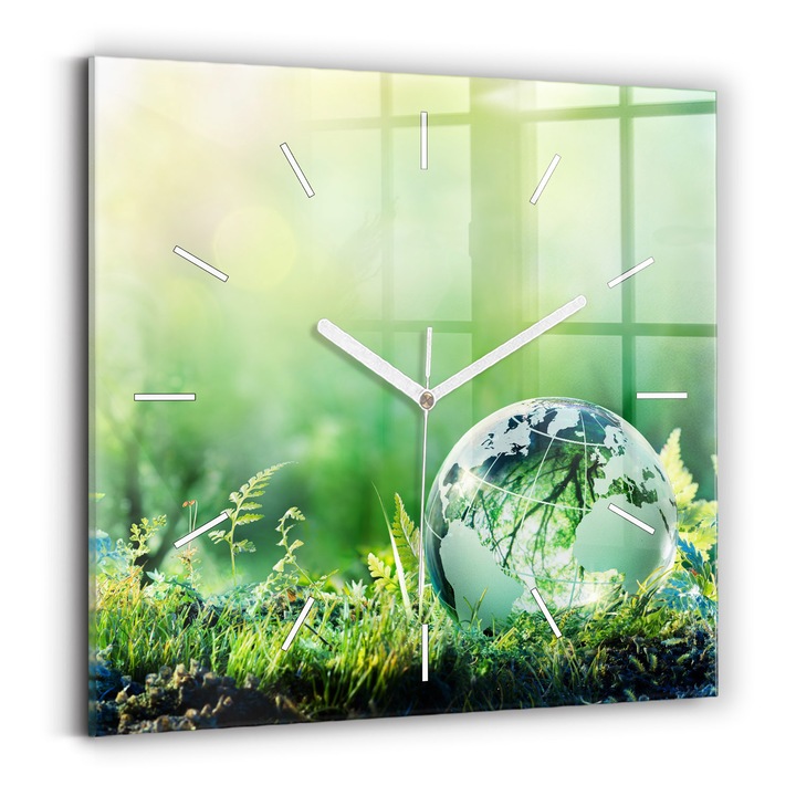 Falióra, Wallfluent, üveg, Fehér mutatók, Számok nélkül, Földgömb, Zöld, Négyzetek 30x30 cm, 010010500010100270719