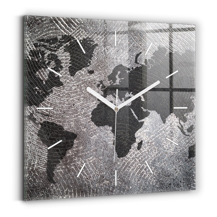 Falióra, Wallfluent, üveg, Fehér mutatók, Számok nélkül, Beton világtérkép, Szürke, Négyzetek 30x30 cm, 010010500010100271010
