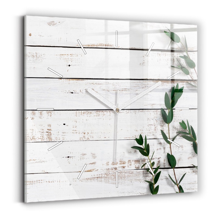 Falióra, Wallfluent, üveg, Fehér mutatók, Számok nélkül, Fényes fa csempe, Fehér, Négyzetek 30x30 cm, 010010500010100271082