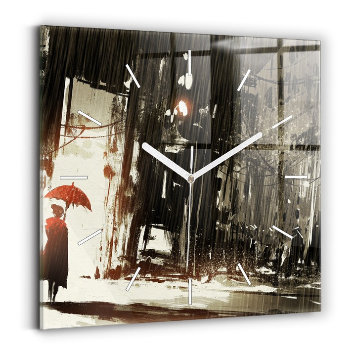 Falióra, Wallfluent, üveg, Fehér mutatók, Nincs szám, Nő egy esős éjszakában, Szürke, Négyzetek 30x30 cm, 010010500010100270385