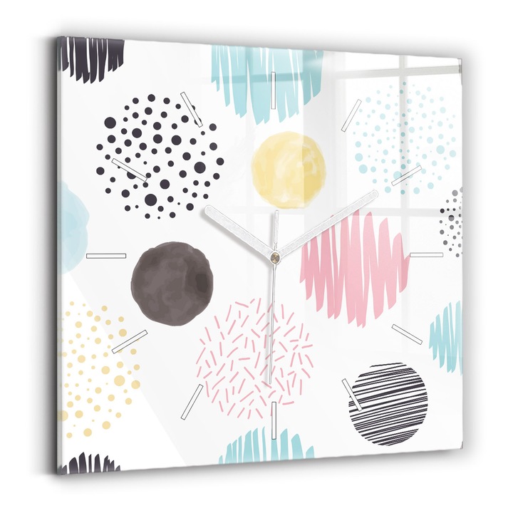 Falióra, Wallfluent, üveg, Fehér mutatók, Számok nélkül, Geometrikus minta, Többszínű, Négyzetek 30x30 cm, 010010500010100271037