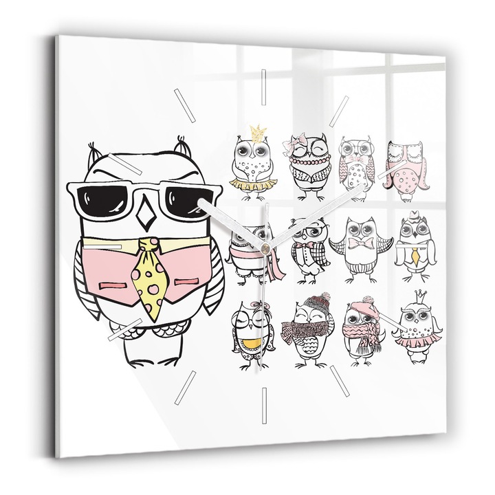 Falióra, Wallfluent, üveg, Fehér mutatók, Nincsenek számok, Vintage poszter baglyokkal, Fehér, Négyzetek 30x30 cm, 010010500010100271275